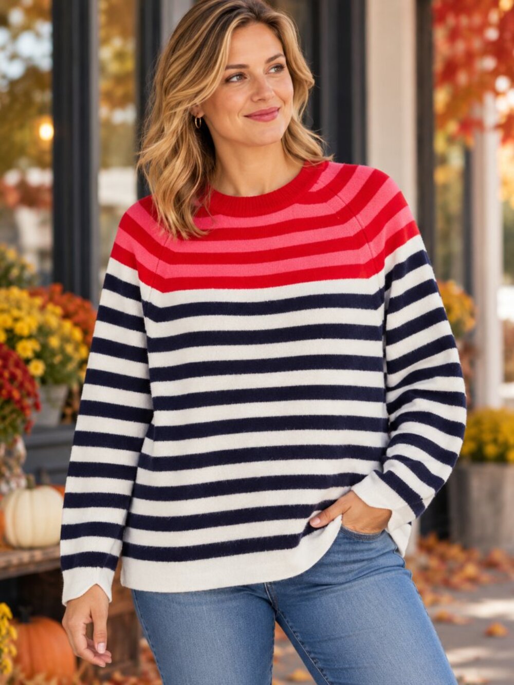 Joules Knitwear Women’s 8 Bouclé Stripe Oversized Crewneck Sweater Navy Red Pink